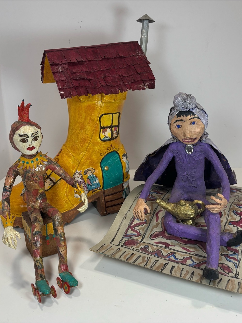 Vintage Handmade Folk Art Papier-Mâché Figures & Whimsical Shoe House Boho Fun